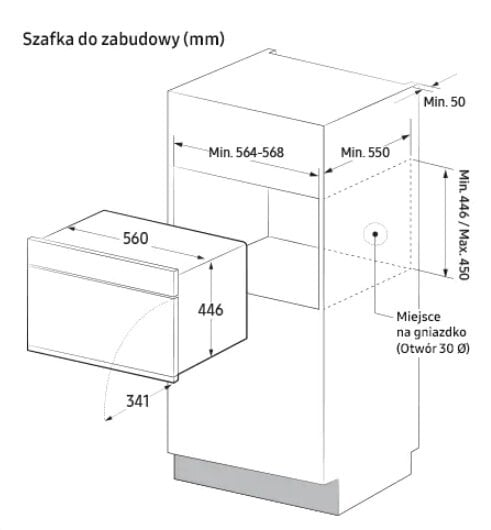 Schemat piekarnika do zabudowy, z wymiarami i wycięciem na gniazdo.