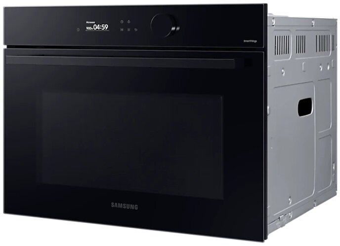 Czarny piekarnik Samsung z cyfrowym wyświetlaczem i elementami sterującymi. Srebrne boki.