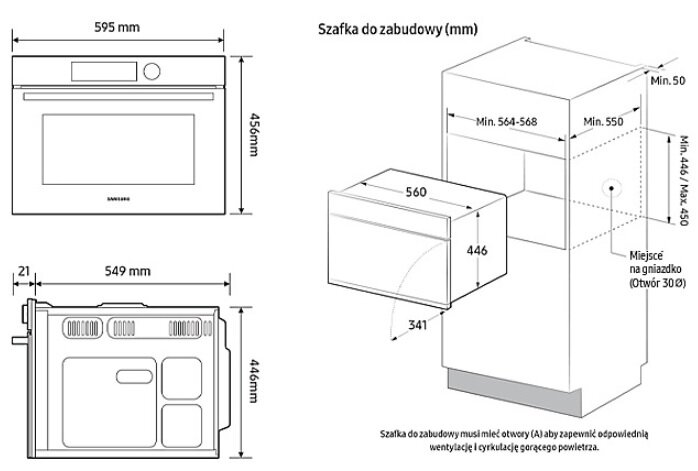 Schemat z wymiarami i pomiarami piekarnika, w tym widoki z boku, z przodu i z góry.