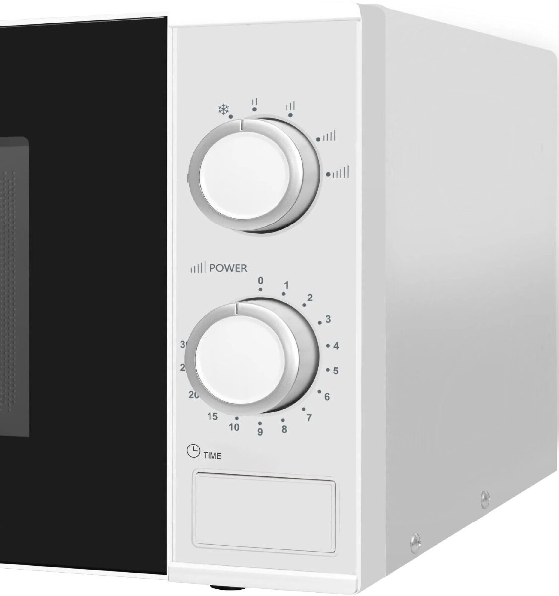 Kuchenka mikrofalowa z białą obudową i czarnymi drzwiami, z pokrętłami do regulacji mocy i czasu.
