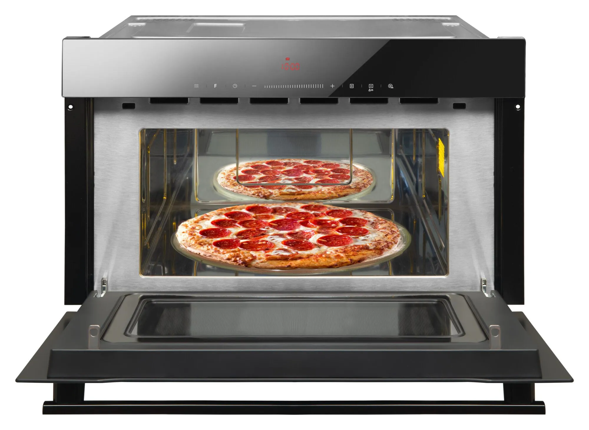 Piekarnik do pizzy z otwartymi drzwiami, pokazujący dwie pizze na tacach. Piekarnik jest czarny i srebrny.