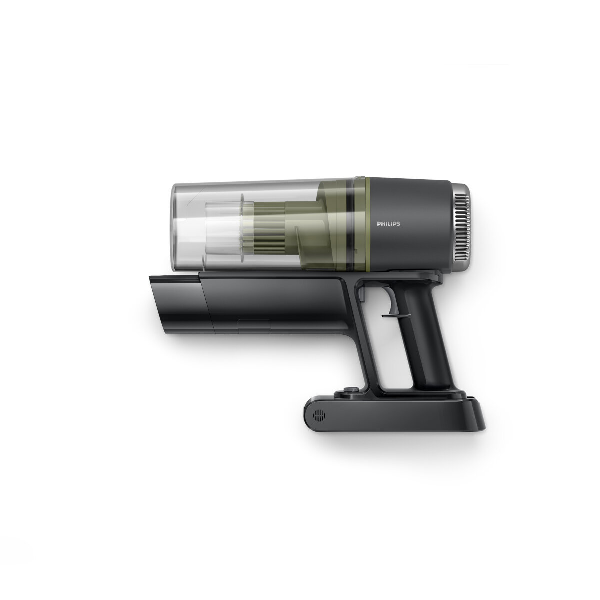 Ciemnoszary odkurzacz Philips na białym tle.