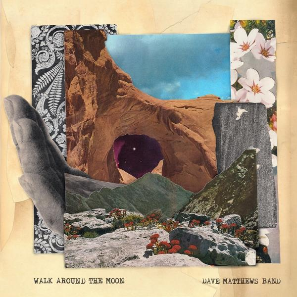 Album borító: Absztrakt kollázs sziklaképződménnyel, sivatagi tájjal, virágos elemekkel. 'Walk Around The Moon'.