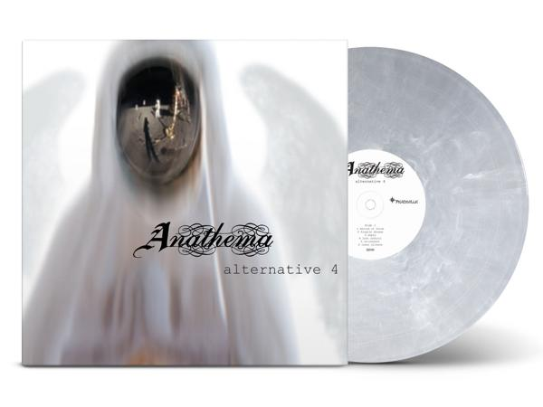 Album borító. Fehér köpenyben lévő személy, egy gömbben tükröződik. Anathema, Alternative 4, fekete szöveg. Szürke bakelit lemez.