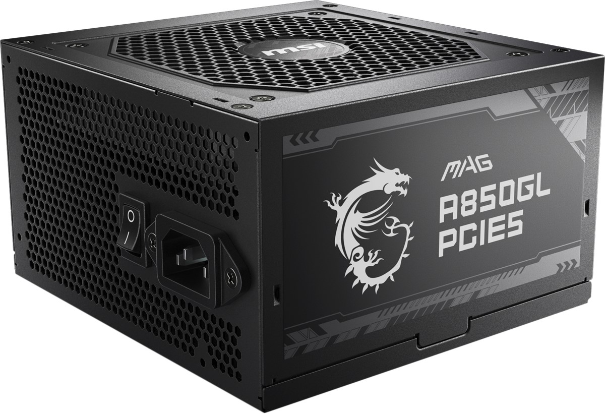 Siyah bir MSI MAG A850GL PCIE5 güç kaynağı ünitesi.