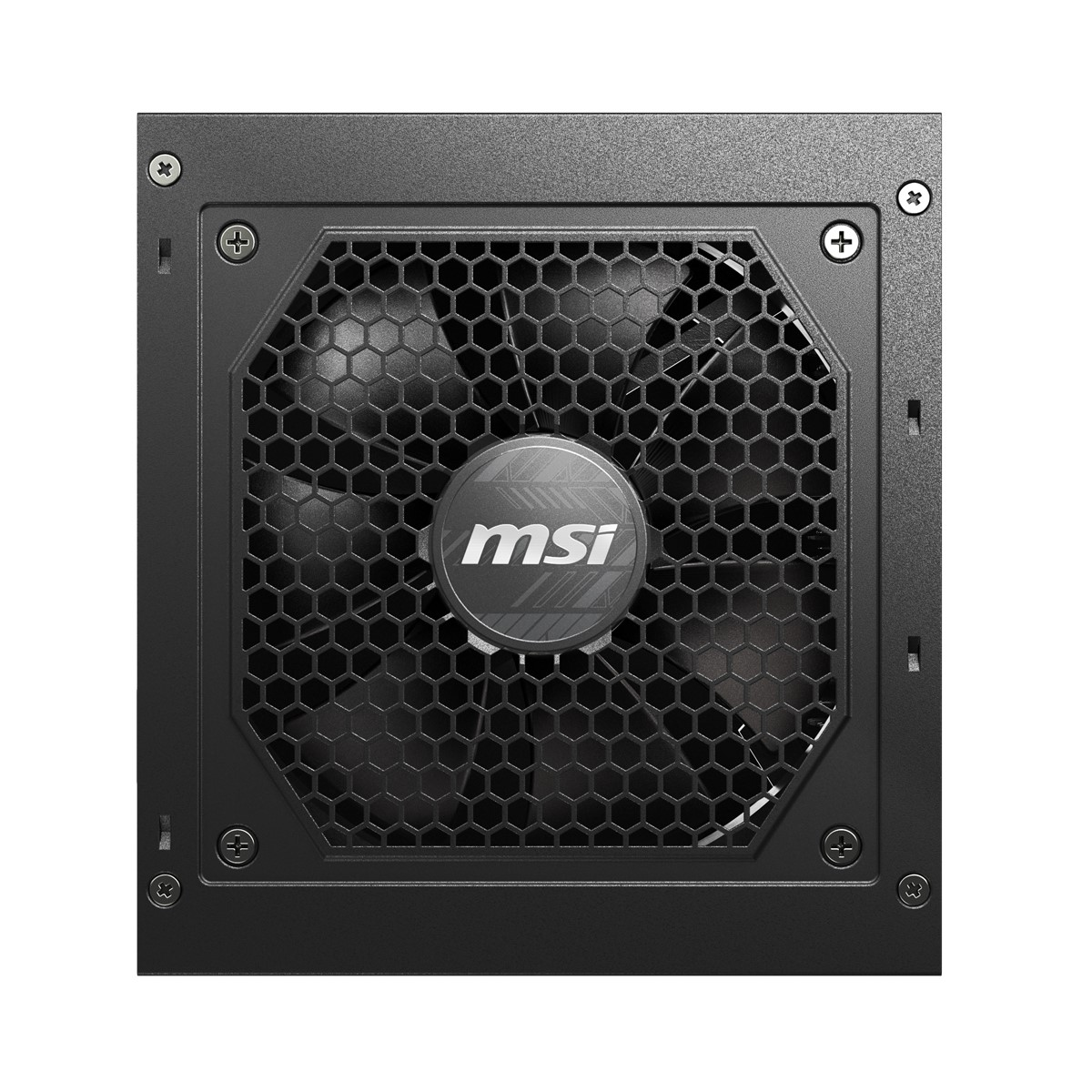 Petek ızgaralı ve MSI logolu siyah bir MSI güç kaynağı.