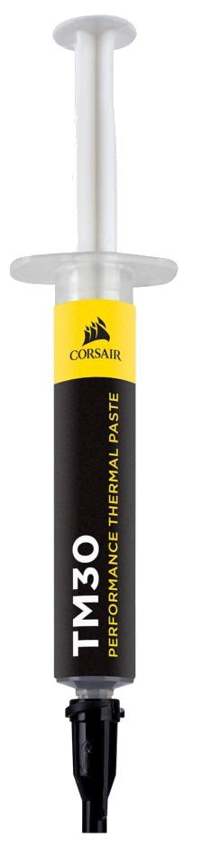 Corsair TM30 performans termal macununun şırıngası, sarı bir etiket ve siyah bir piston ile.