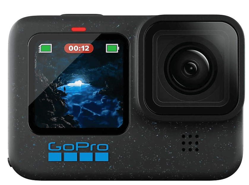 Siyah bir GoPro kamera bir mağara sahnesi gösteriyor. Kameranın bir lensi, mavi bir mağara gösteren bir ekranı ve GoPro logosu var.