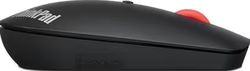 Eine schwarze ThinkPad-Maus mit roter Kugel. Das Lenovo-Logo ist sichtbar. Die Maus liegt auf einer weißen Oberfläche.