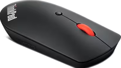 Schwarze kabellose Lenovo ThinkPad Maus mit rotem Scrollrad.