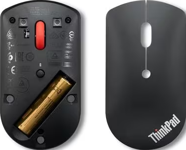 Schwarze Lenovo ThinkPad Maus, Ober- und Unteransicht. Unten ist die Batterie und der rote Knopf zu sehen.