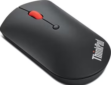 Schwarze ThinkPad-Maus mit rotem Scrollrad. Die Maus hat ein schlankes Design und das ThinkPad-Logo.