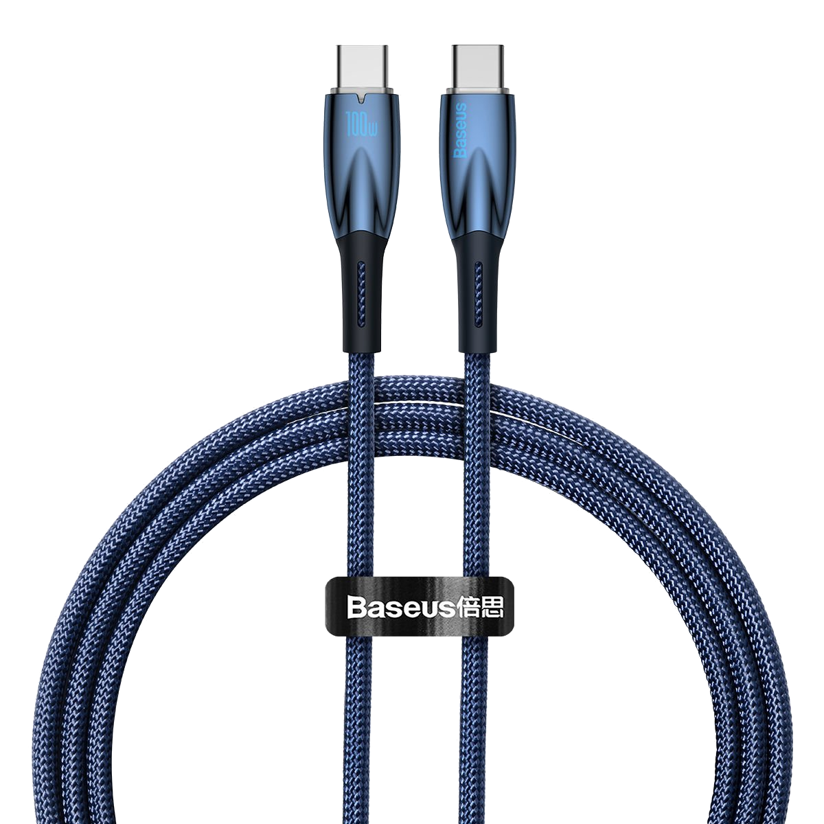 İki konektörlü mavi USB-C kablosu ve siyah bir arka planda 'Baseus' markası.