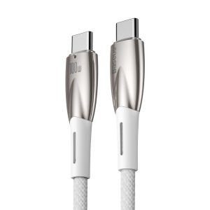 100W işaretli, beyaz ve gümüş USB-C şarj kablosu, beyaz zemin üzerinde izole edilmiş.