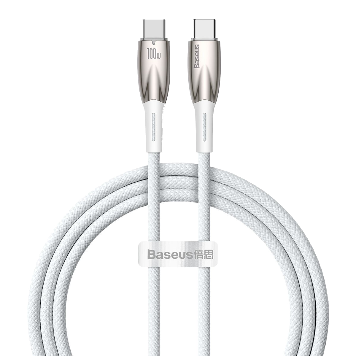 100W etiketli ve Baseus markalı beyaz USB-C kablosu. Siyah arka plan.
