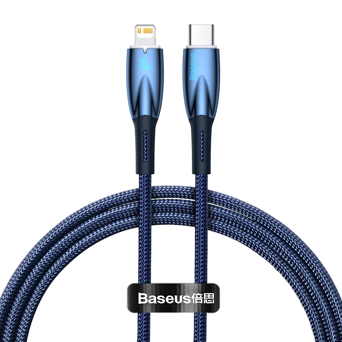 Mavi ve siyah USB-C - Lightning kablosu, 'Baseus' marka adı ve 20w işareti ile.