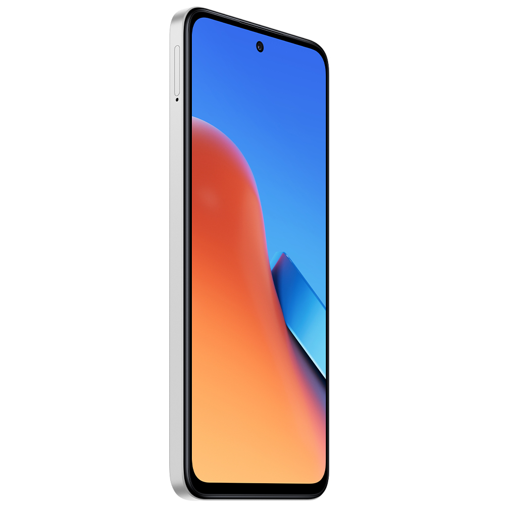 Beyaz akıllı telefon, yan görünüm, mavi arka planda renkli soyut bir görüntü gösteriyor.