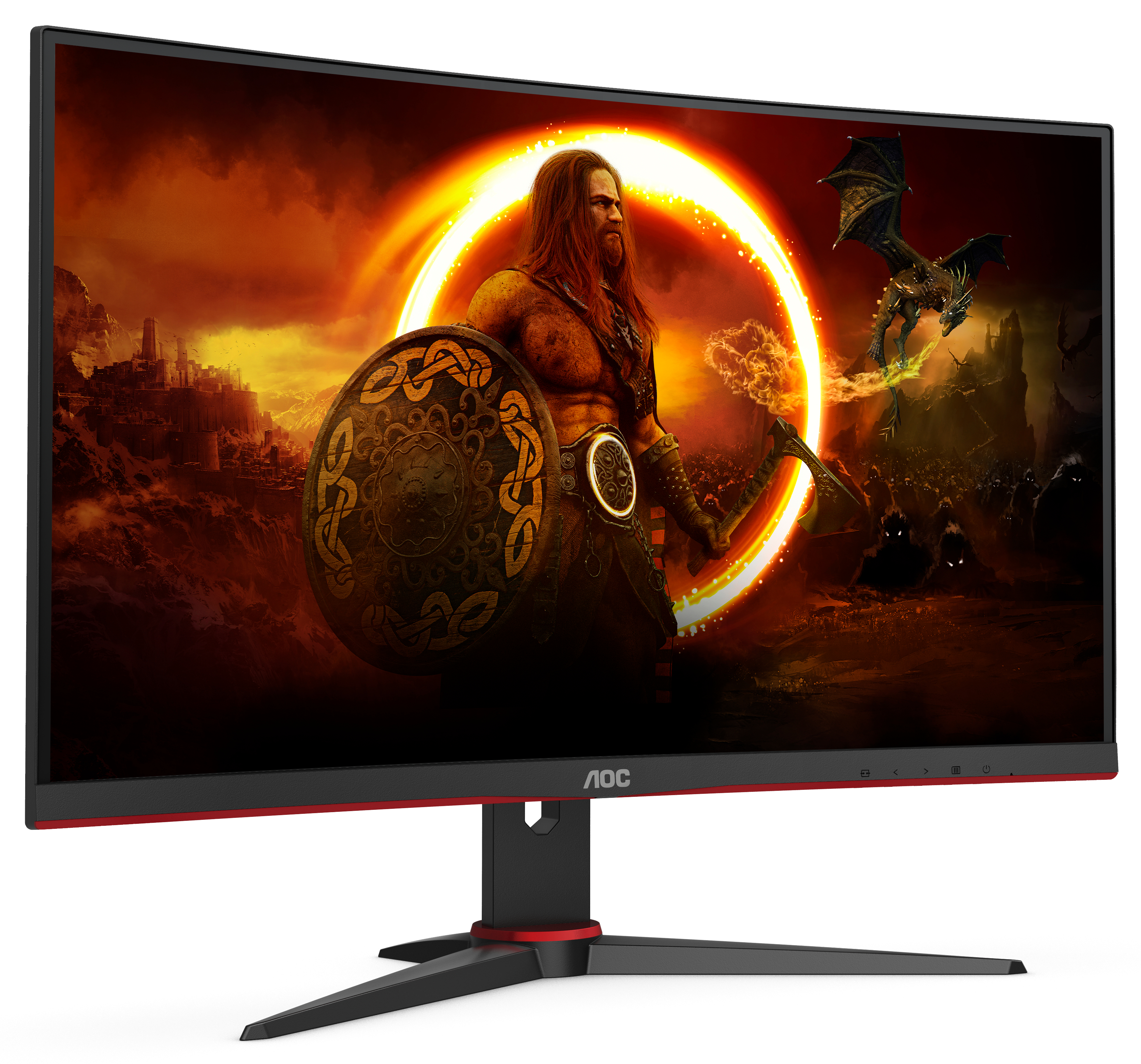 Gebogener AOC-Monitor. Mann mit Schild auf dem Bildschirm. Drachen und feuriger Hintergrund.