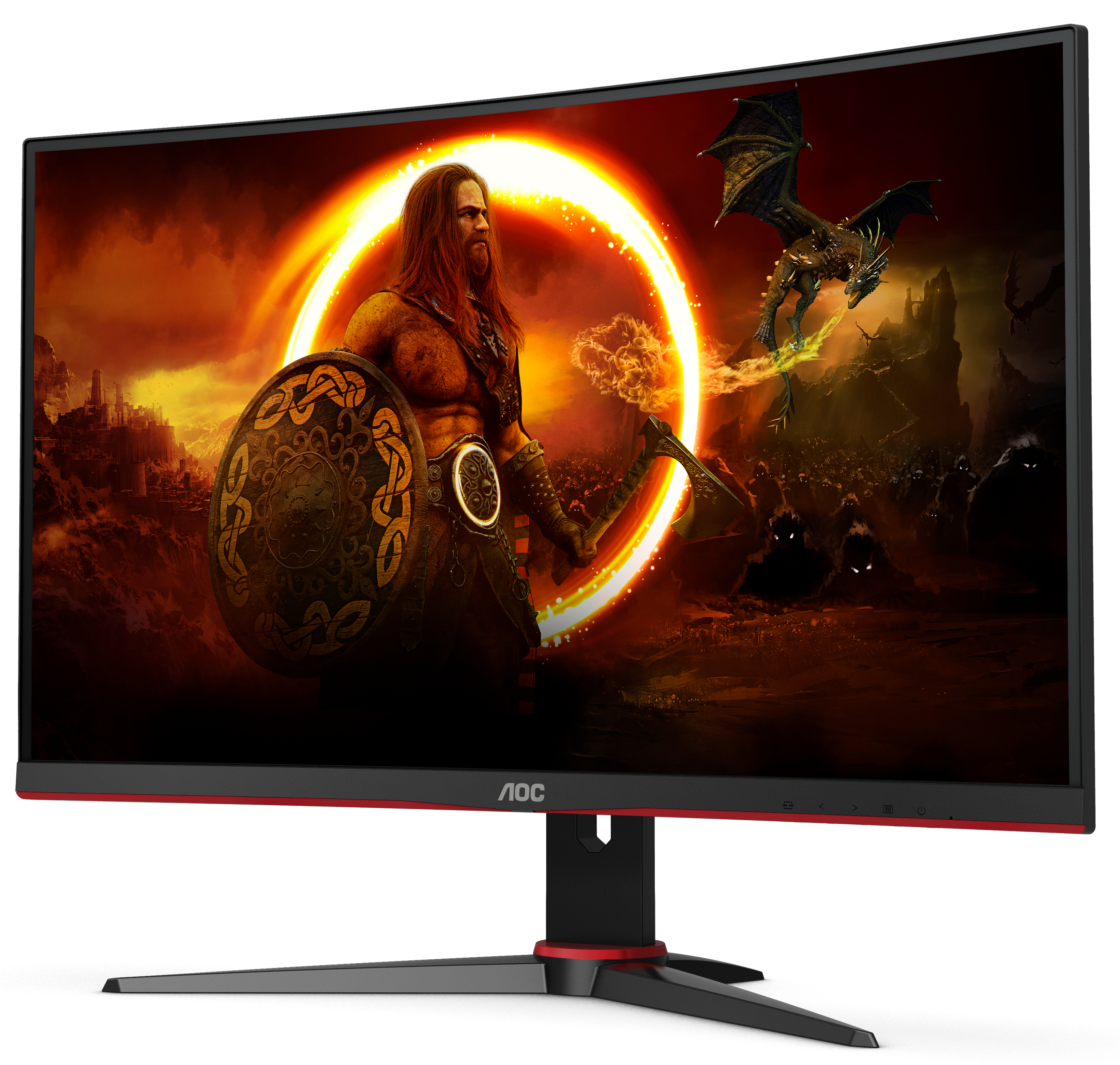 Gebogener AOC-Monitor mit Fantasy-Szene mit Krieger und Drache.