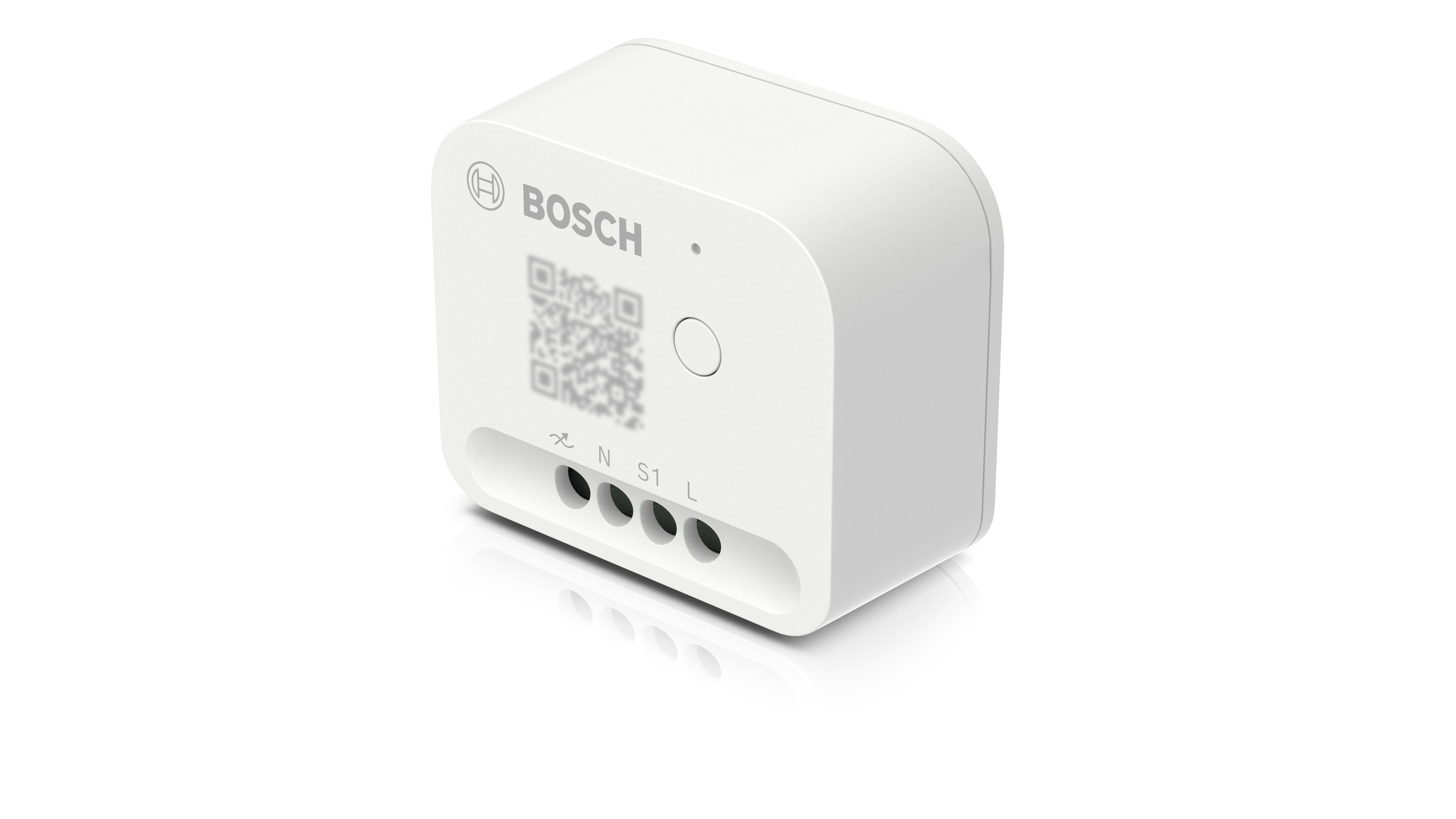 Ein weißes Bosch Smart Home Gerät mit QR-Code und Anschlüssen.