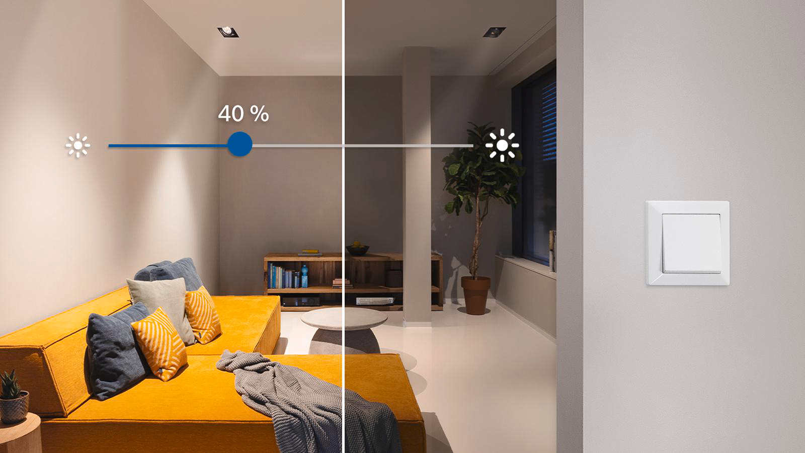 Ein Raum mit Beleuchtung bei 40 % und ein Schalter an der Wand.