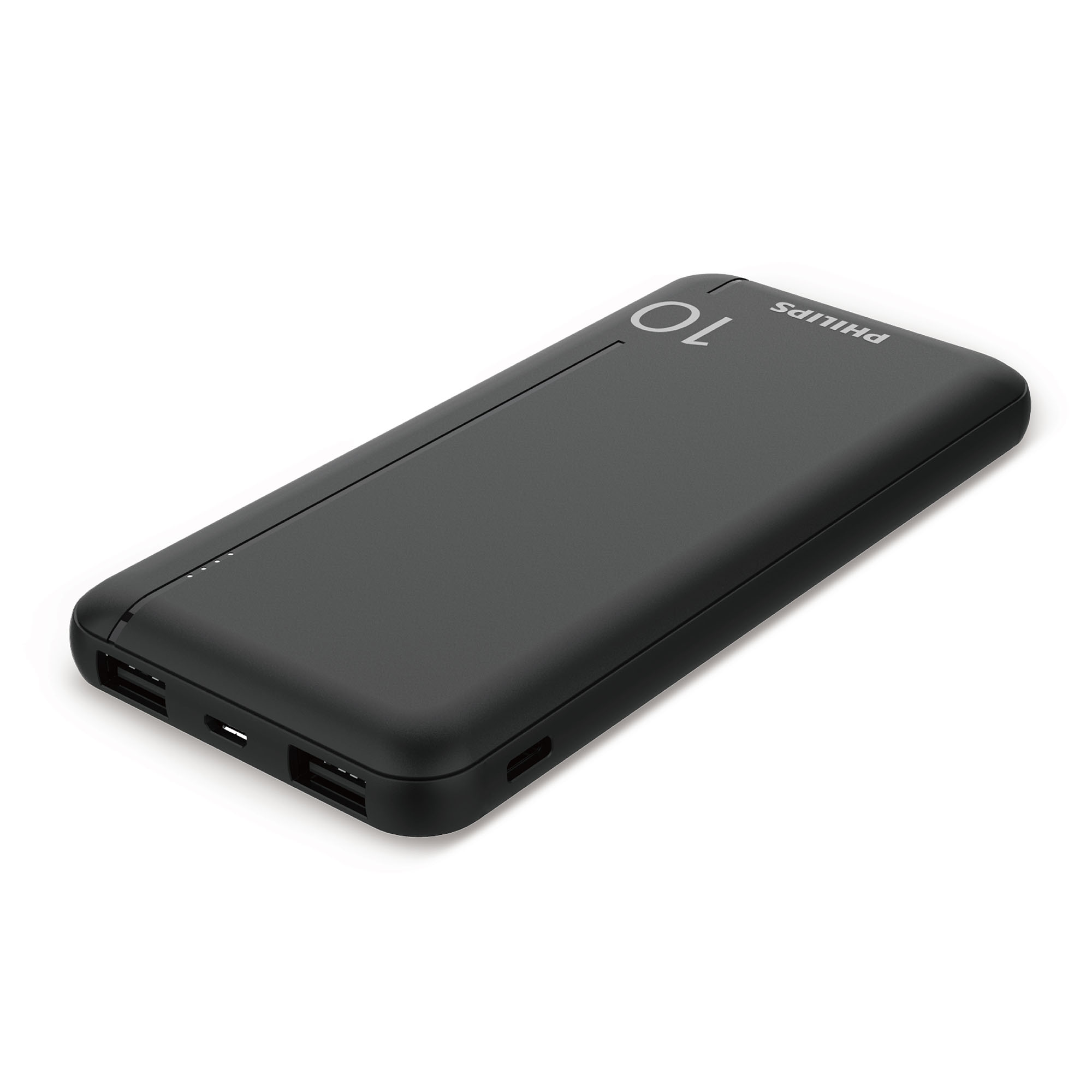 Üzerinde "PHILIPS" kelimesi ve "10" sayısı bulunan koyu gri bir powerbank.