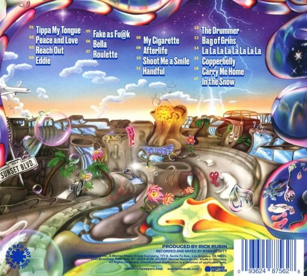 Albumcover mit einer Landschaft einer surrealen Welt, Text und Titelliste.