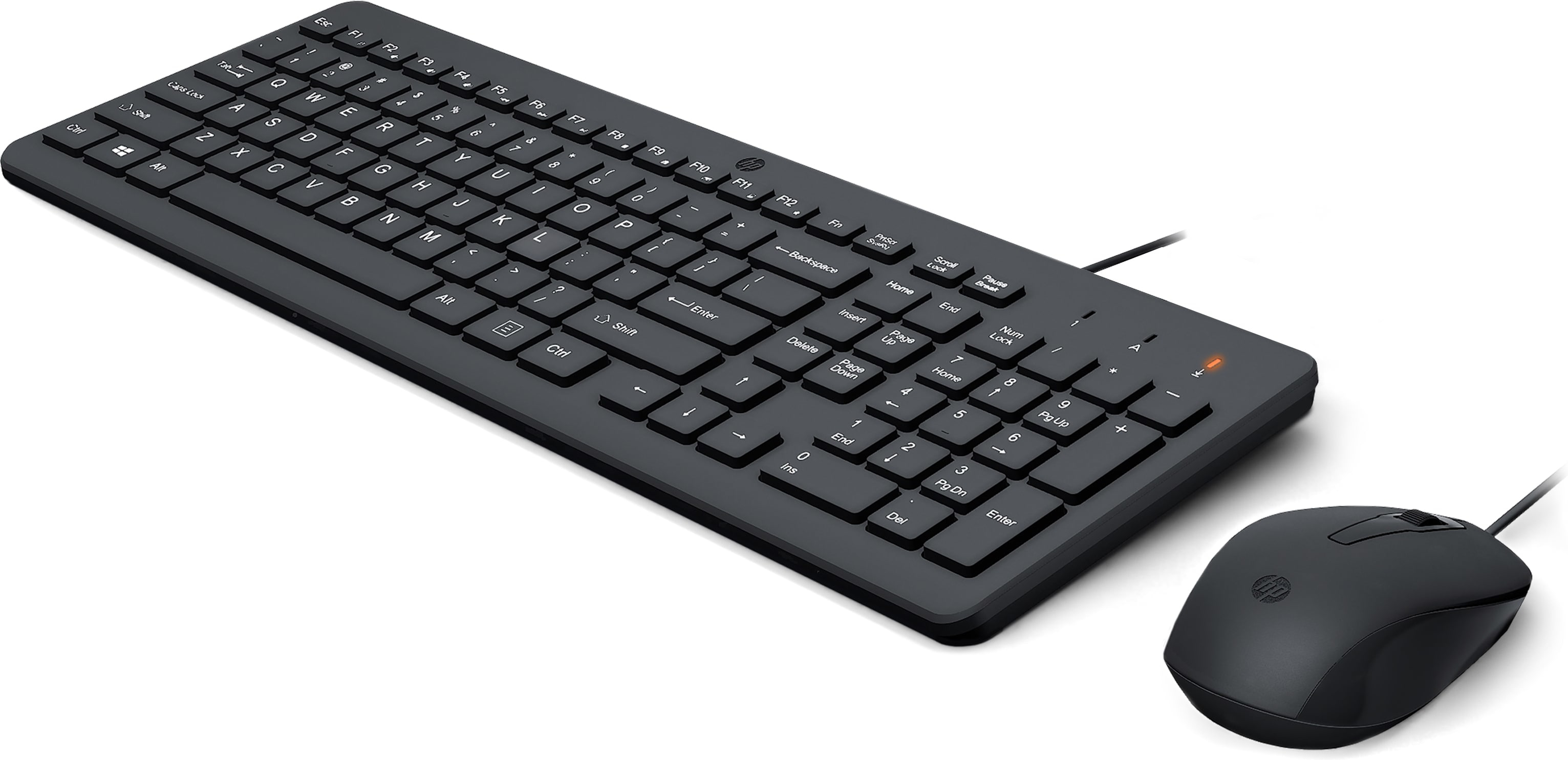 Teclado y ratón HP negros con cable sobre fondo blanco.