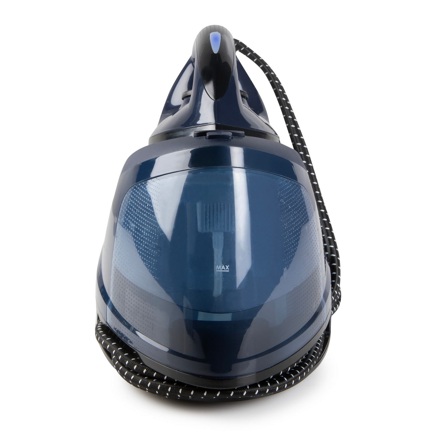 Blue and white steam iron with a black cord on a white background. Front view.