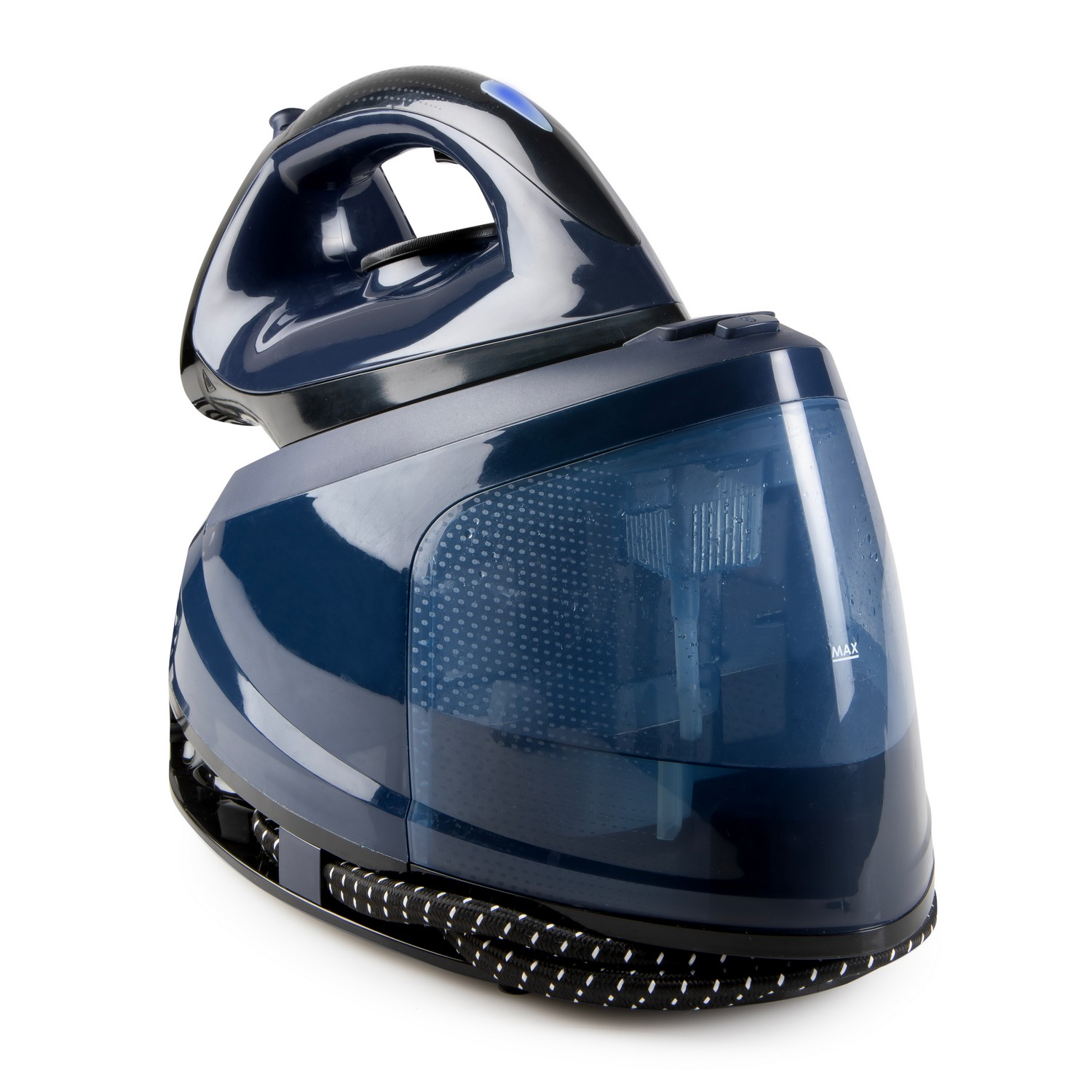 A black and blue steam iron with a water tank, on a white background, angled shot.