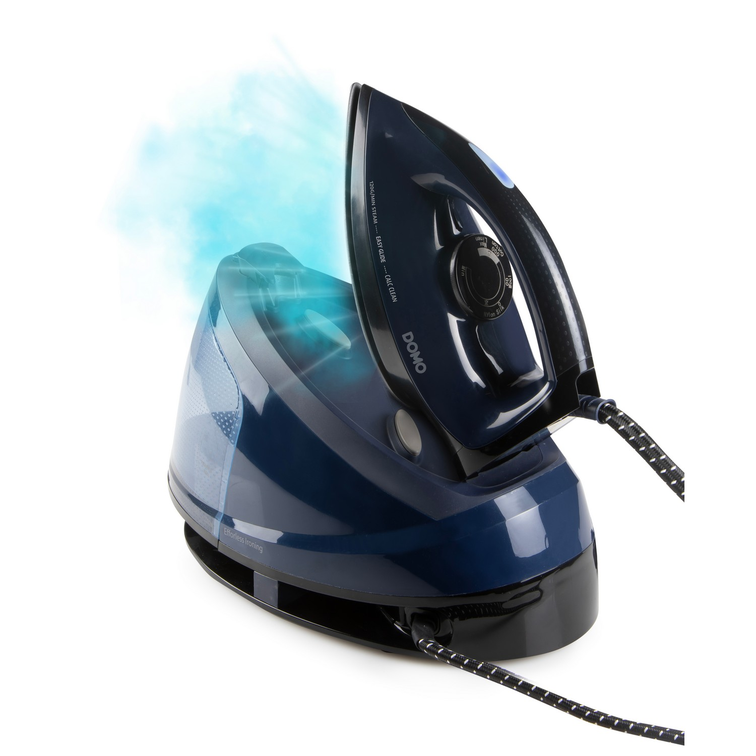 A blue and black steam iron, generating steam.