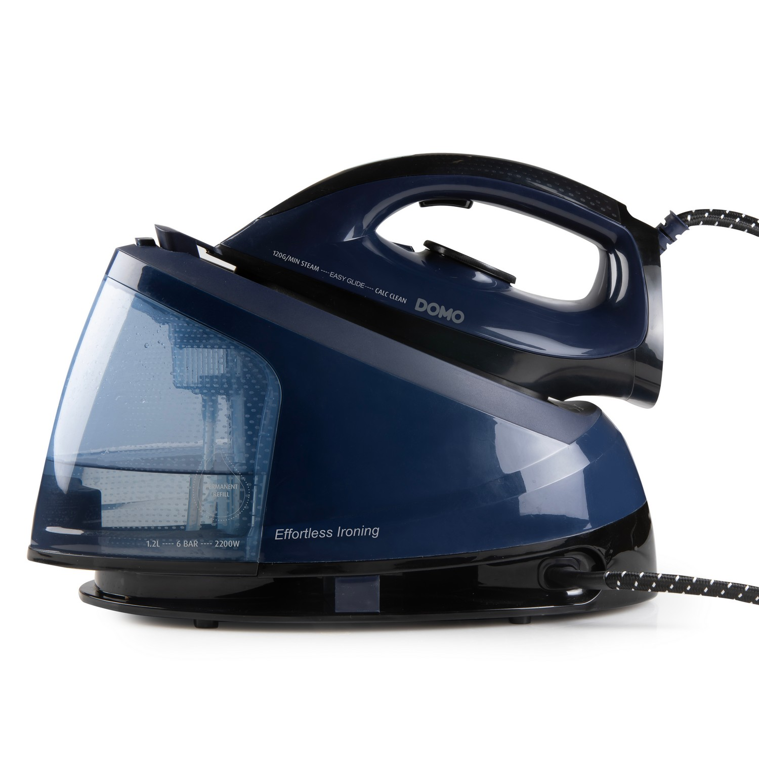 Blue and black steam iron with a water tank, sitting on white background.