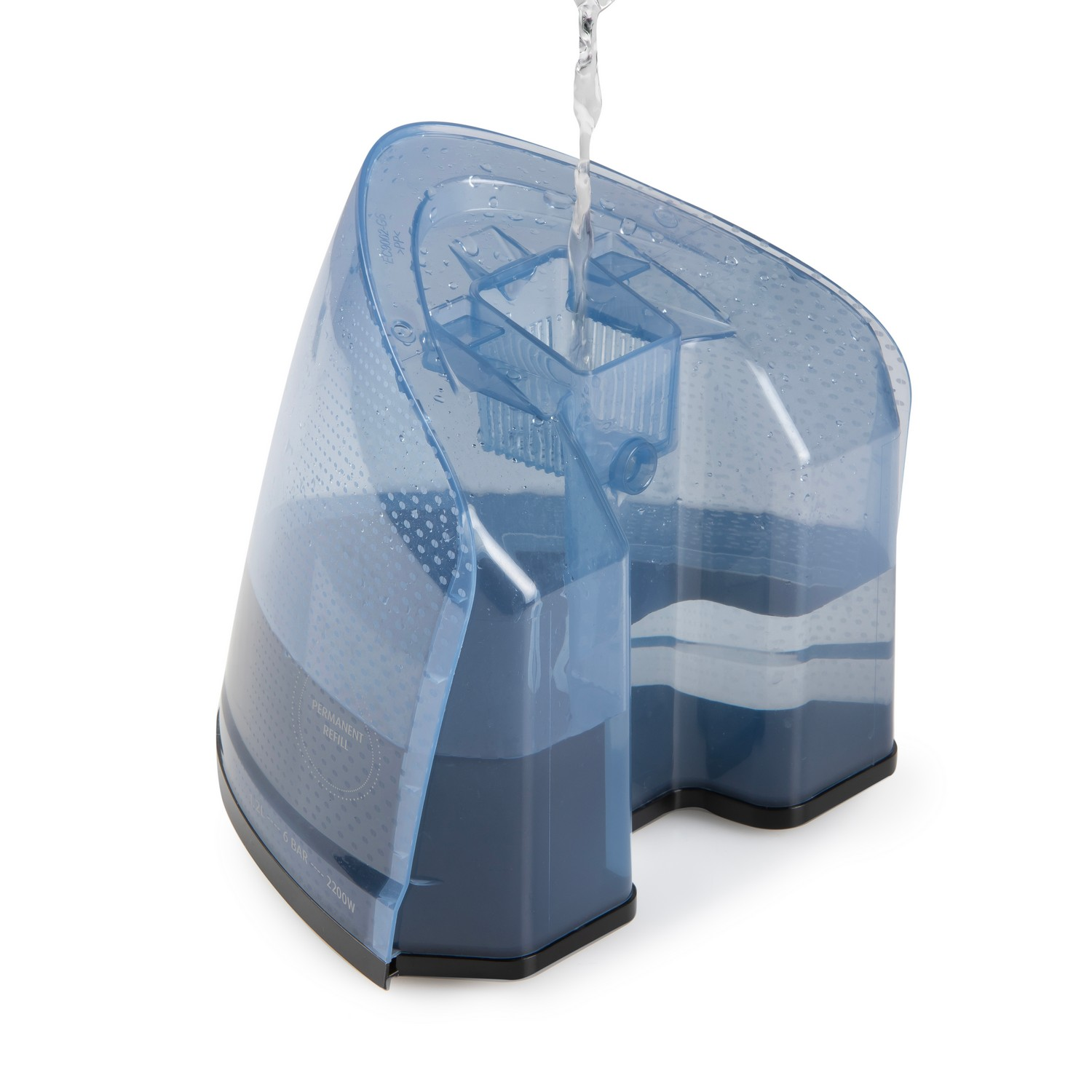 Clear blue steam iron water tank being filled with water, viewed from above.