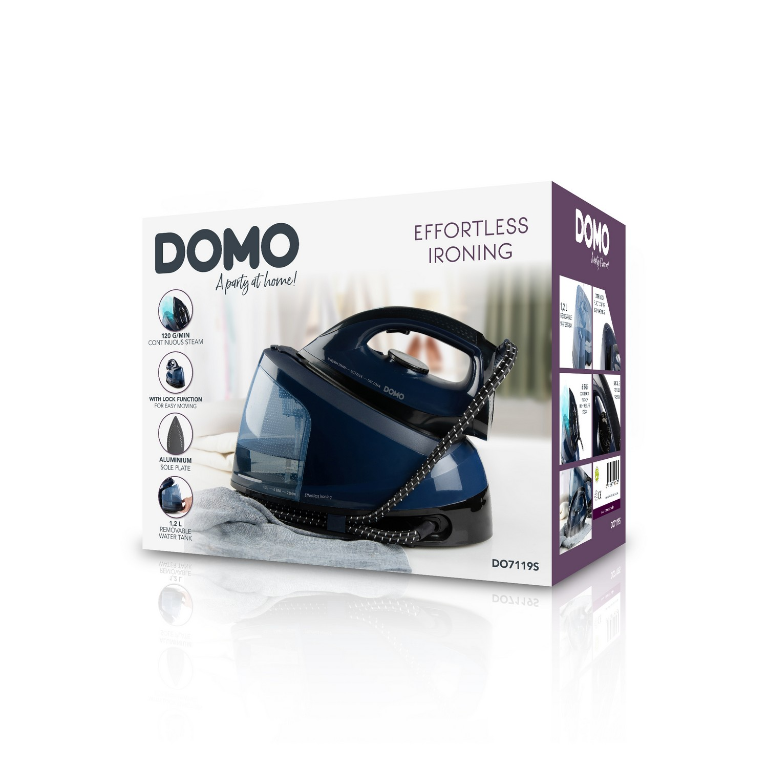 DOMO iron and packaging box on a white surface.