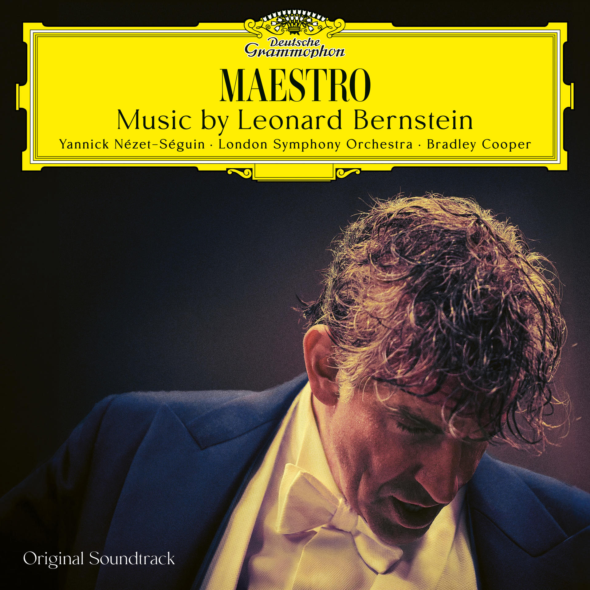 Album borító: Maestro, Leonard Bernstein zenéje. Egy szmokingos férfi portréjával.