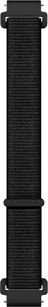 Schwarzes Garmin-Uhrenarmband. Mit weißem Garmin-Logo.