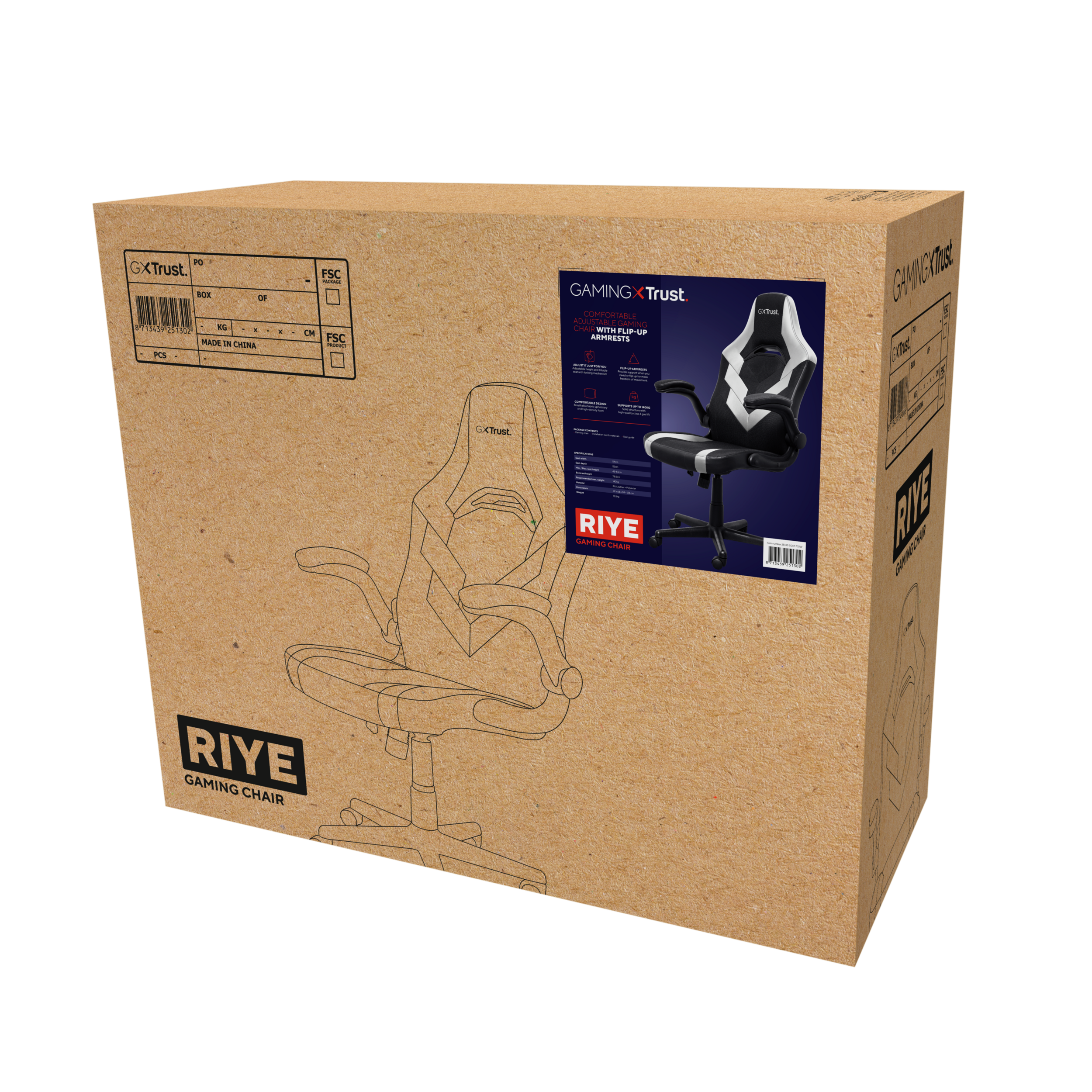 Boîte en carton avec un contour de chaise gaming et une étiquette.
