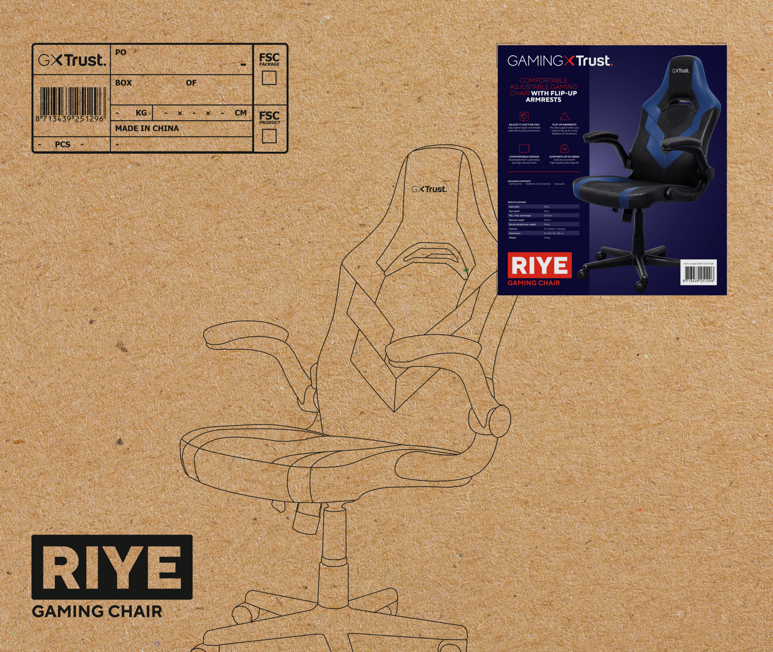Gaming chair box outline. Text and logo on the box. The chair is black and blue.