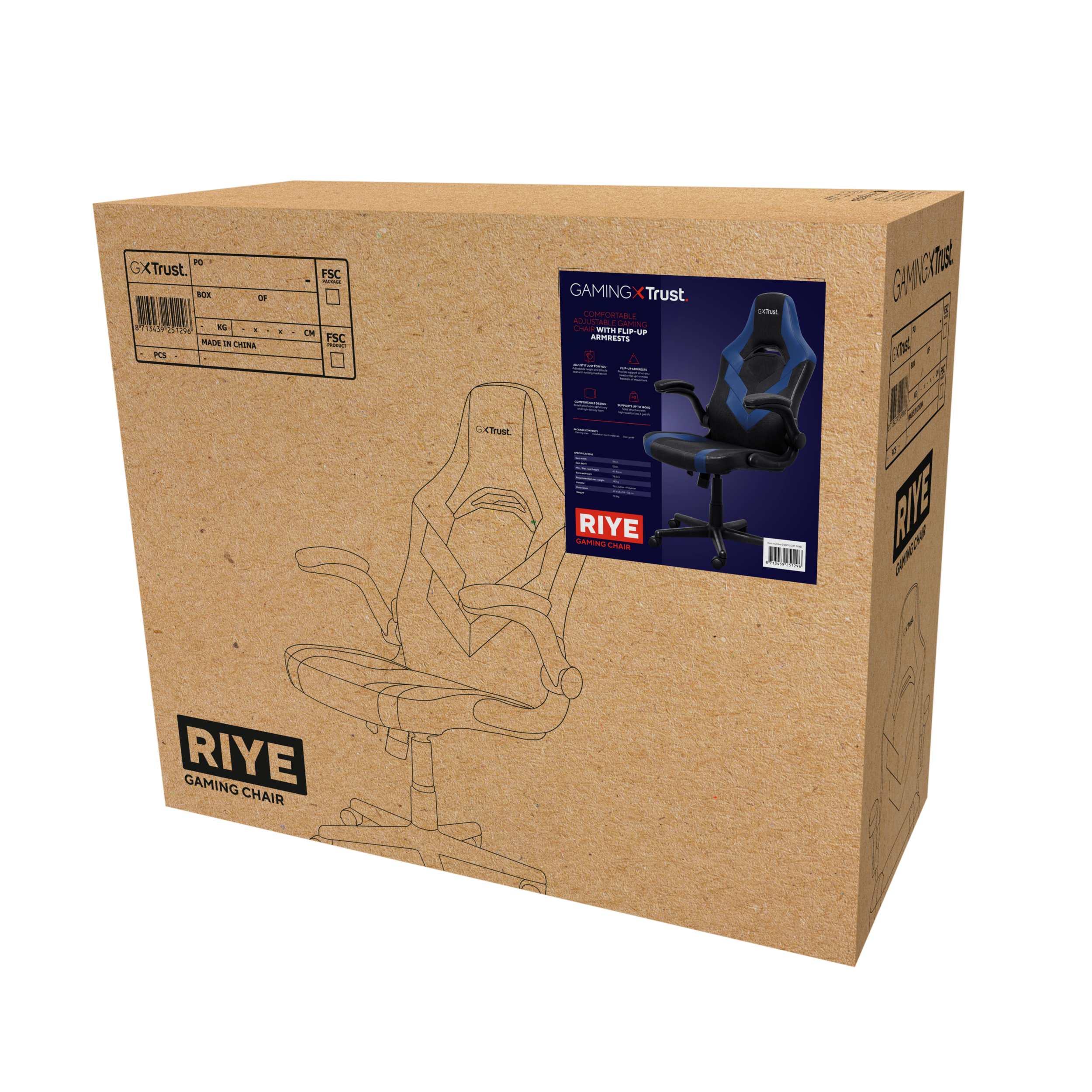 A cardboard box with a gaming chair illustration and Trust logo.