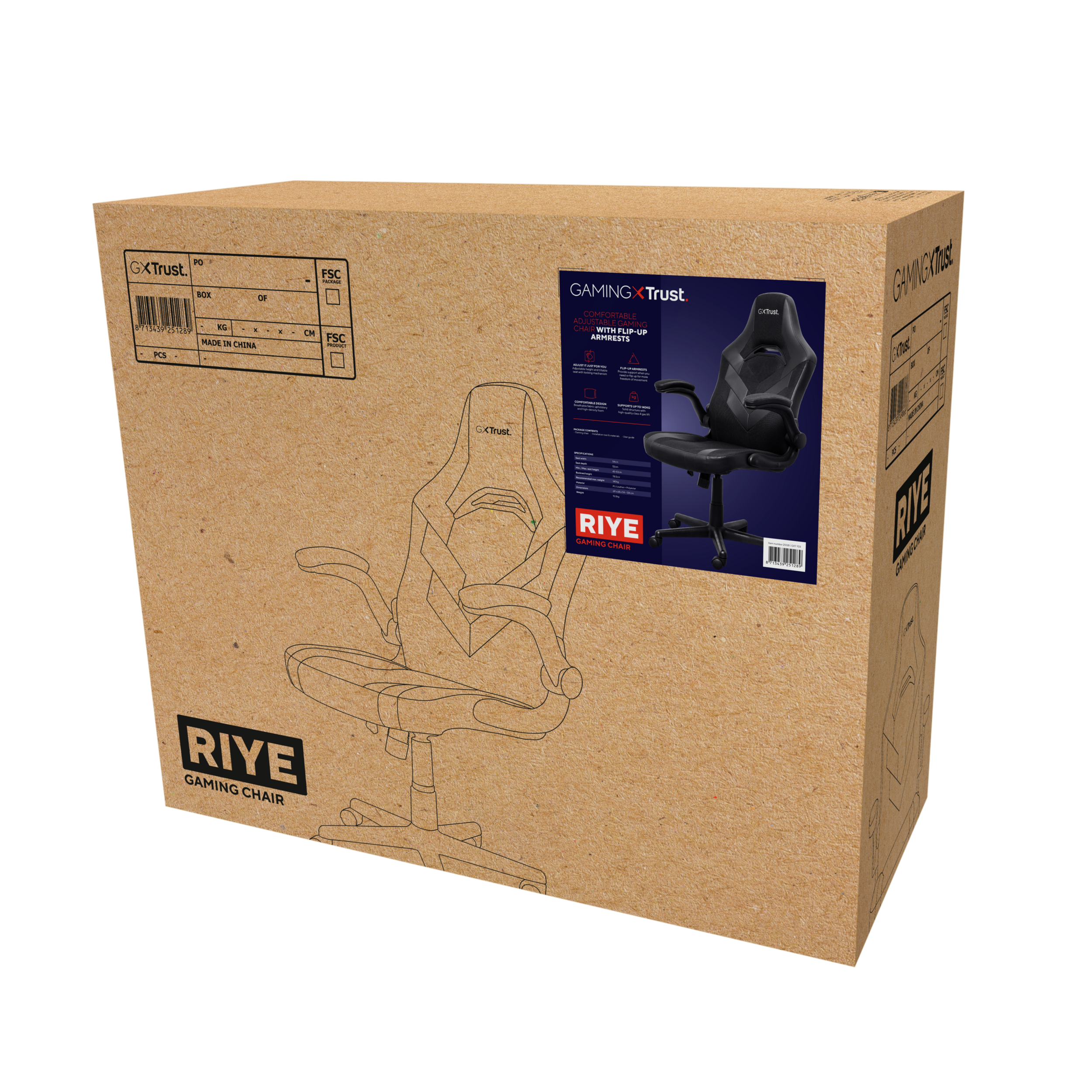 Une boîte en carton avec un contour de chaise de jeu et une image de la chaise.