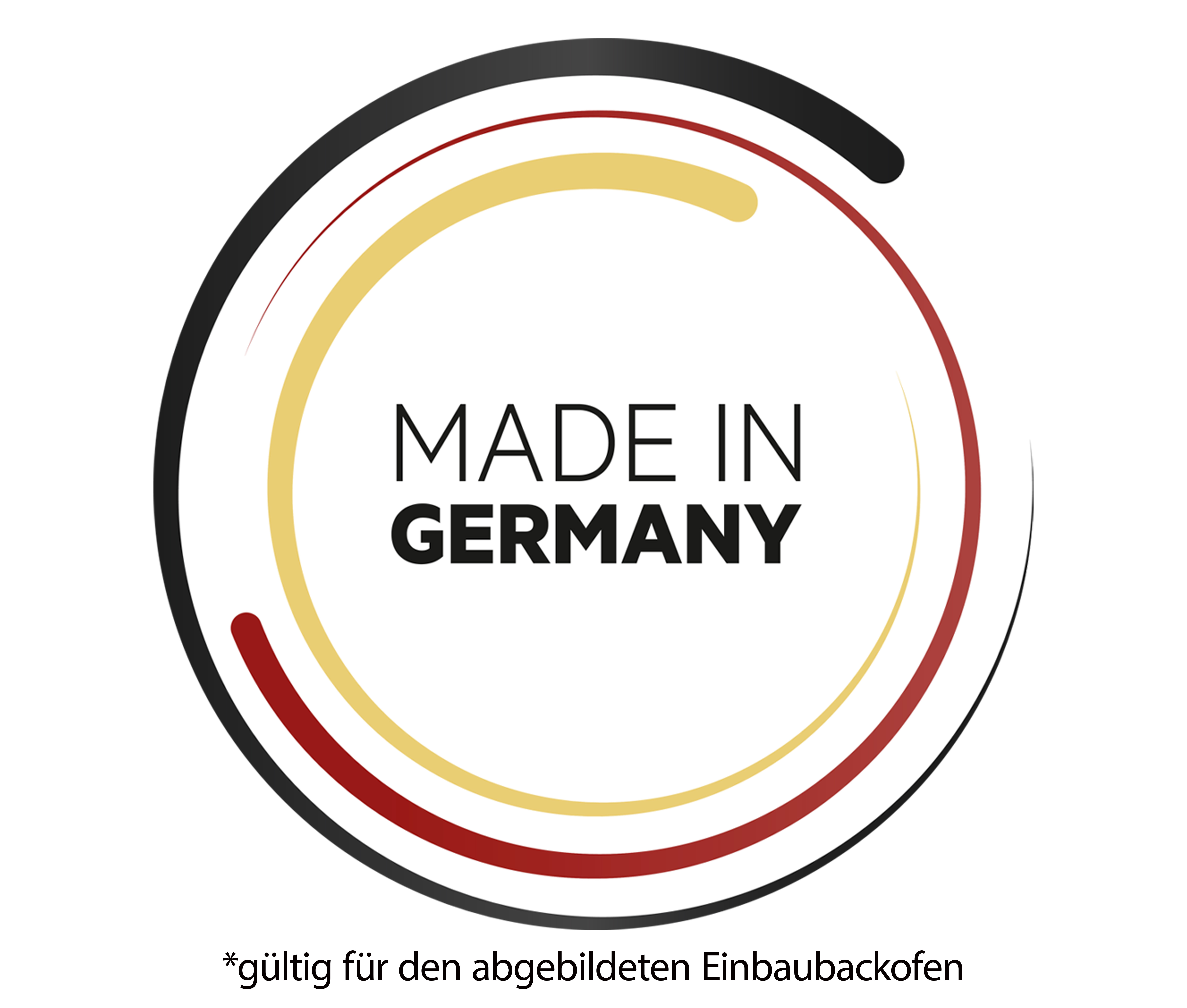 Kreislogo: Made in Germany, schwarze, rote, gelbe Ringe. Weißer Hintergrund, Text unten.