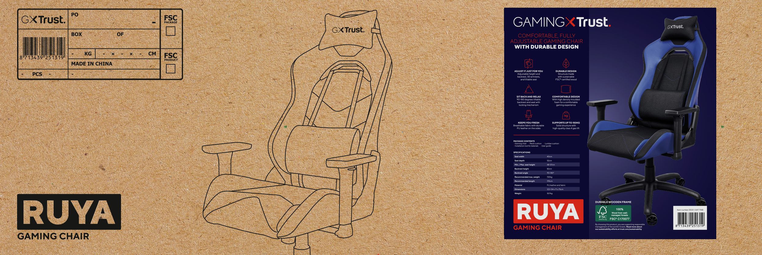Boîte et design de chaise gaming. Premier plan : boîte et illustration de la chaise. Arrière-plan : marron.