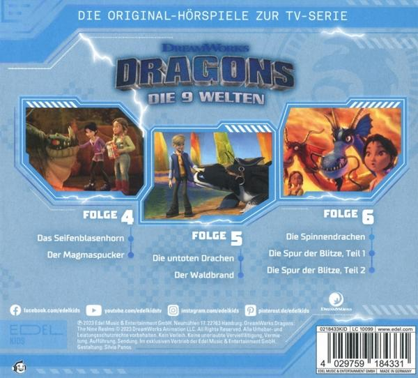 DVD-Cover für 'Dragons: Die neun Welten', mit Bildern von animierten Charakteren und Episodentiteln.