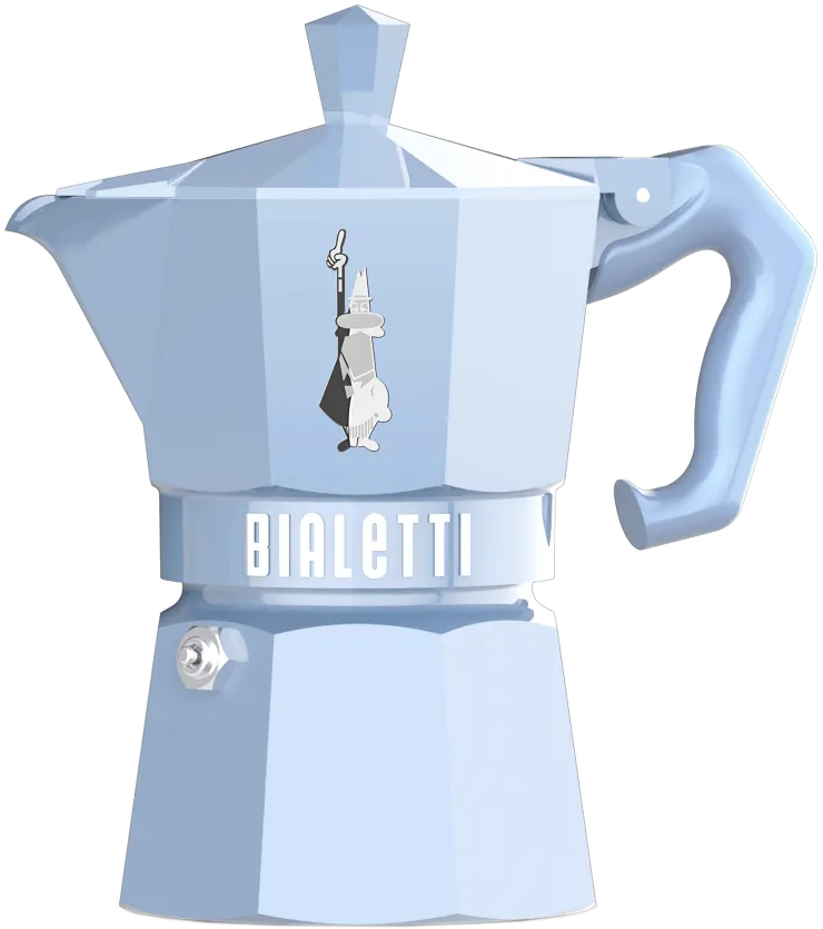 Világoskék Bialetti Moka kávéfőző. Ezüst díszítések, ikonikus figura és kék fogantyú.