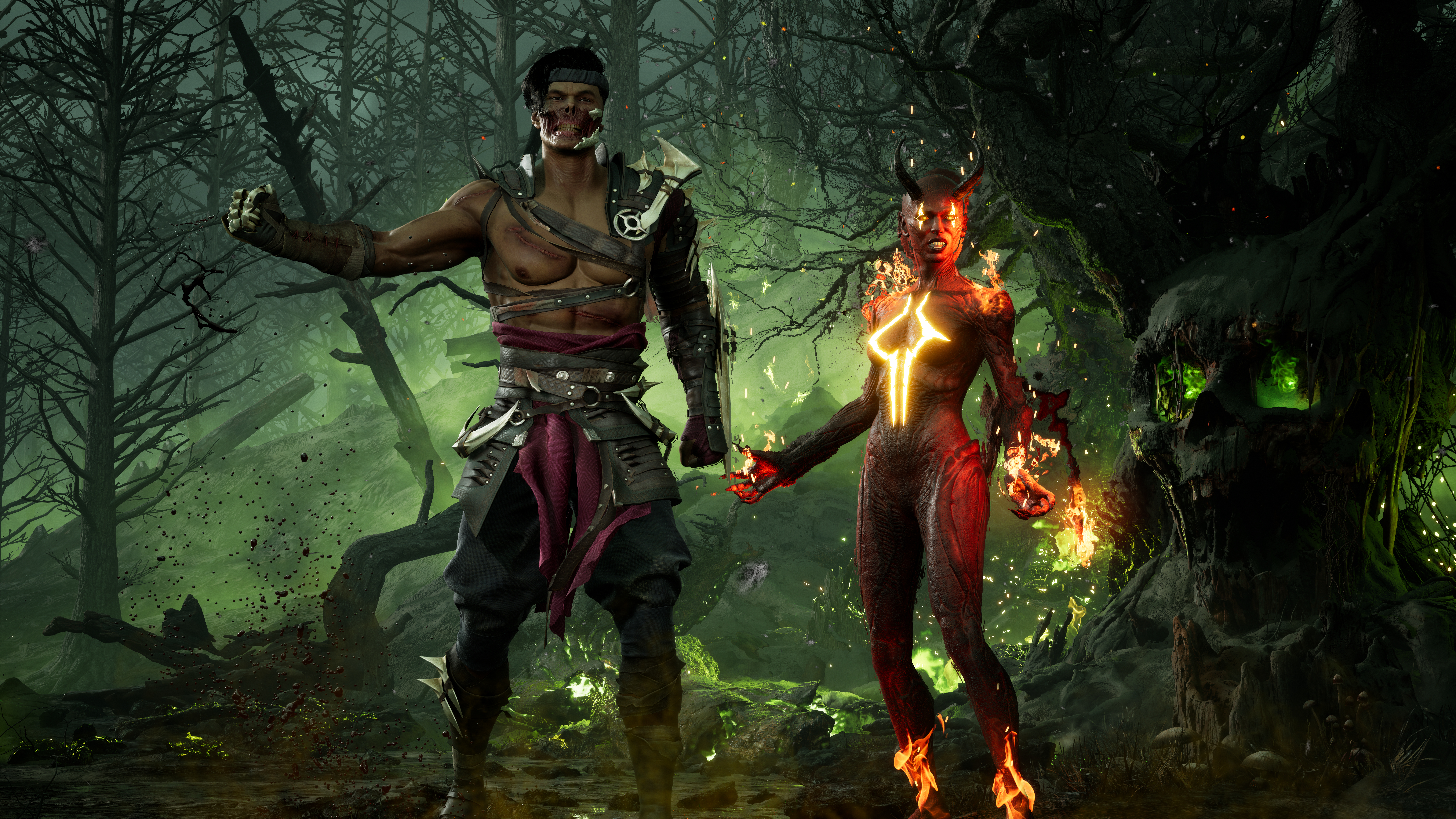 Zwei Figuren aus einem Videospiel stehen in einem dunklen Wald. Einer ist ein Mann, der andere ein roter Dämon.