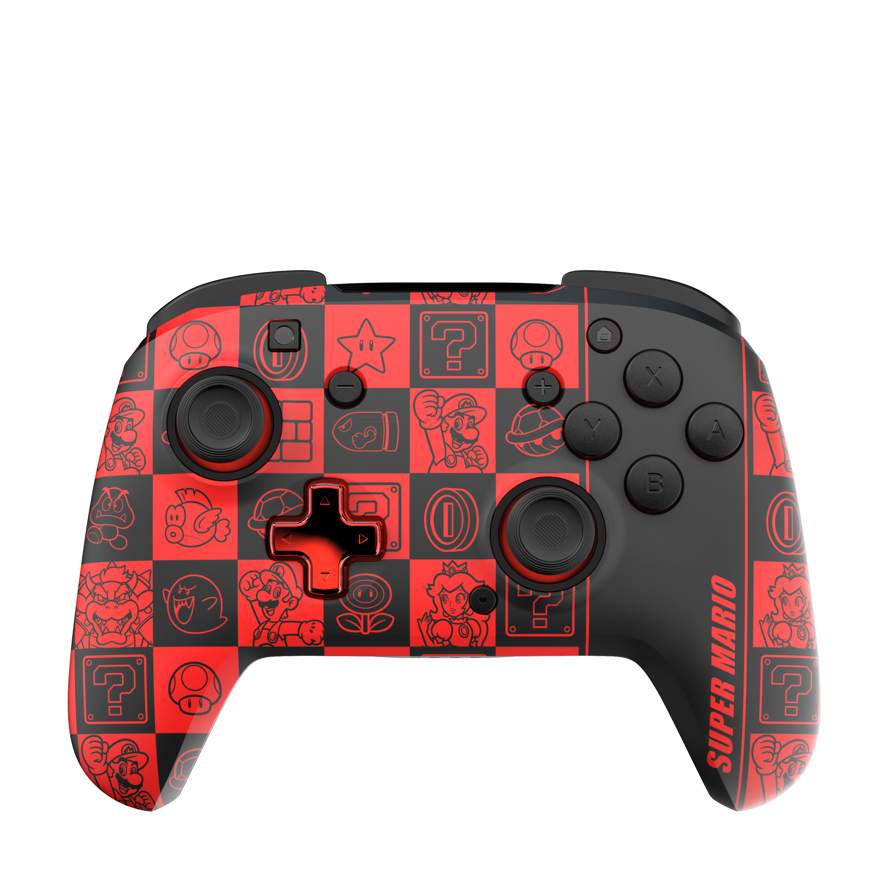 Ein rot-schwarzer Nintendo Switch Pro Controller mit Mario-Symbolen auf schwarzem Hintergrund.