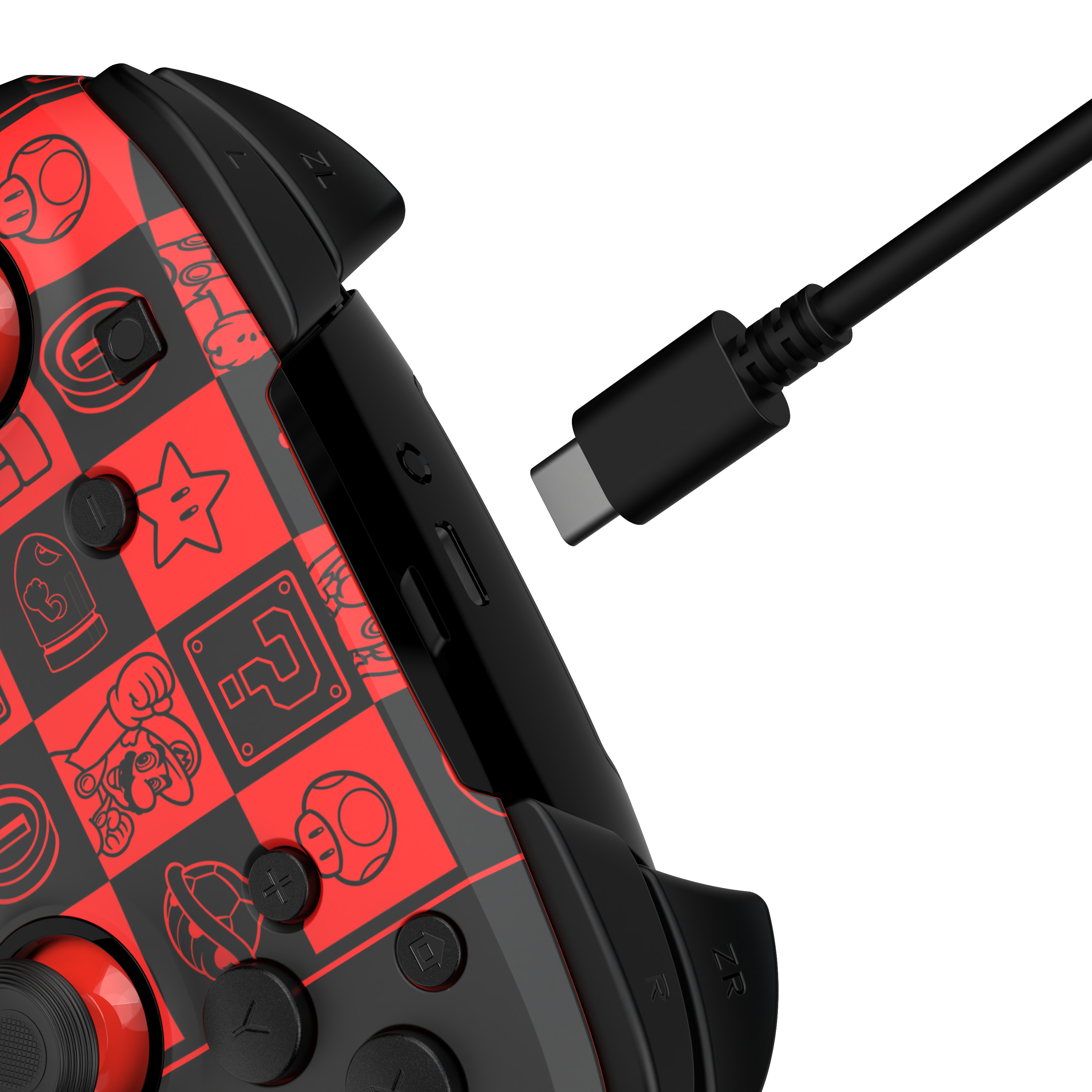 Ein rot-schwarzer Controller mit eingestecktem Ladekabel.