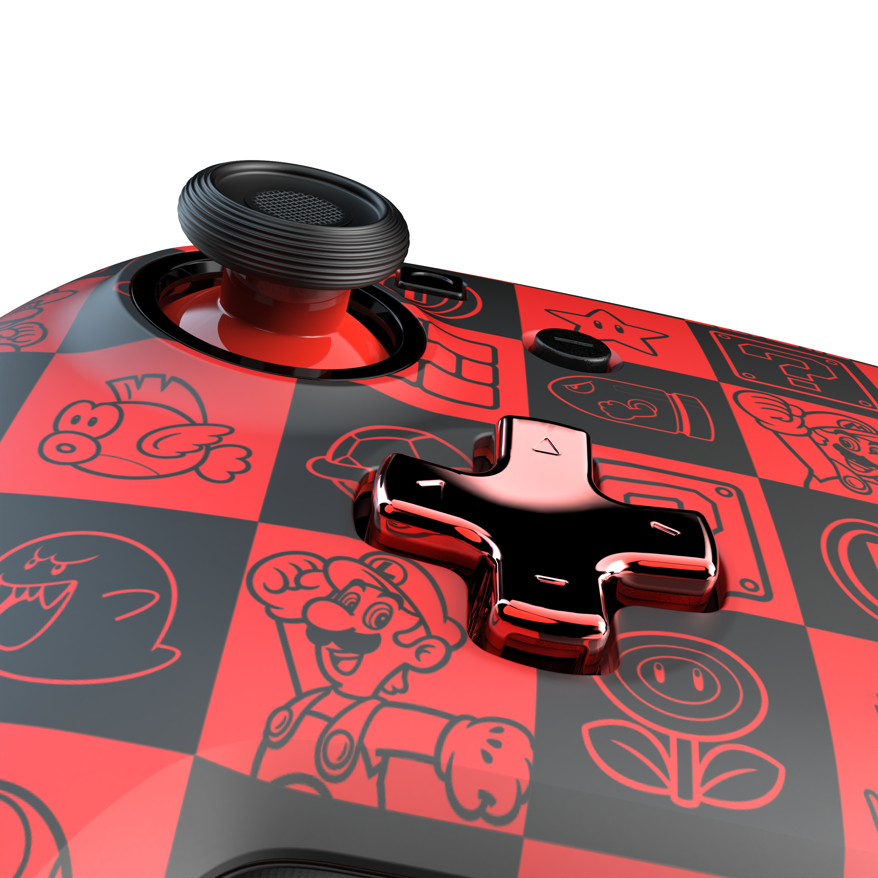 Nahaufnahme eines rot-schwarzen Controllers mit Mario-Themen-Symbolen.