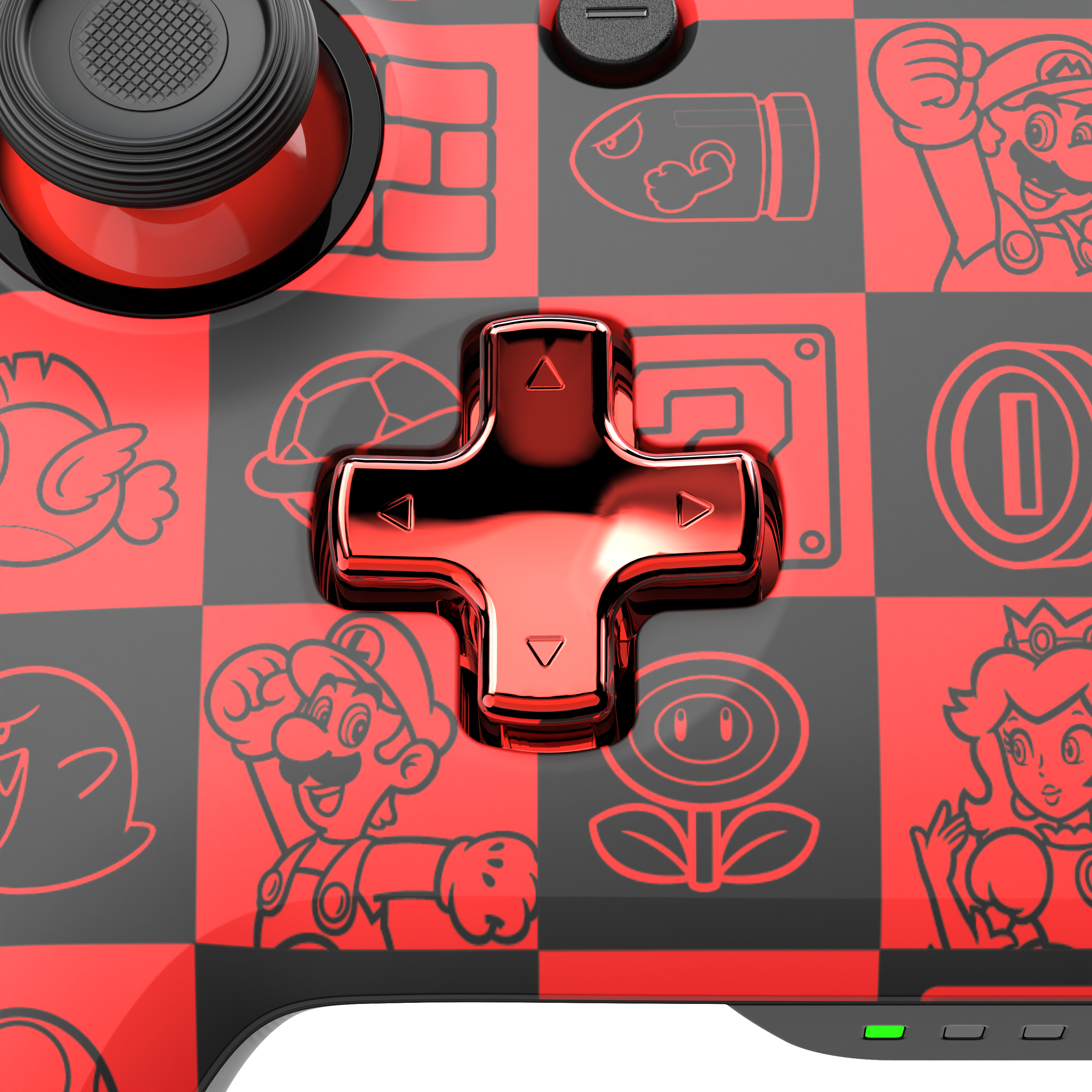 Roter und schwarzer Gamecontroller mit Mario-Charakteren.