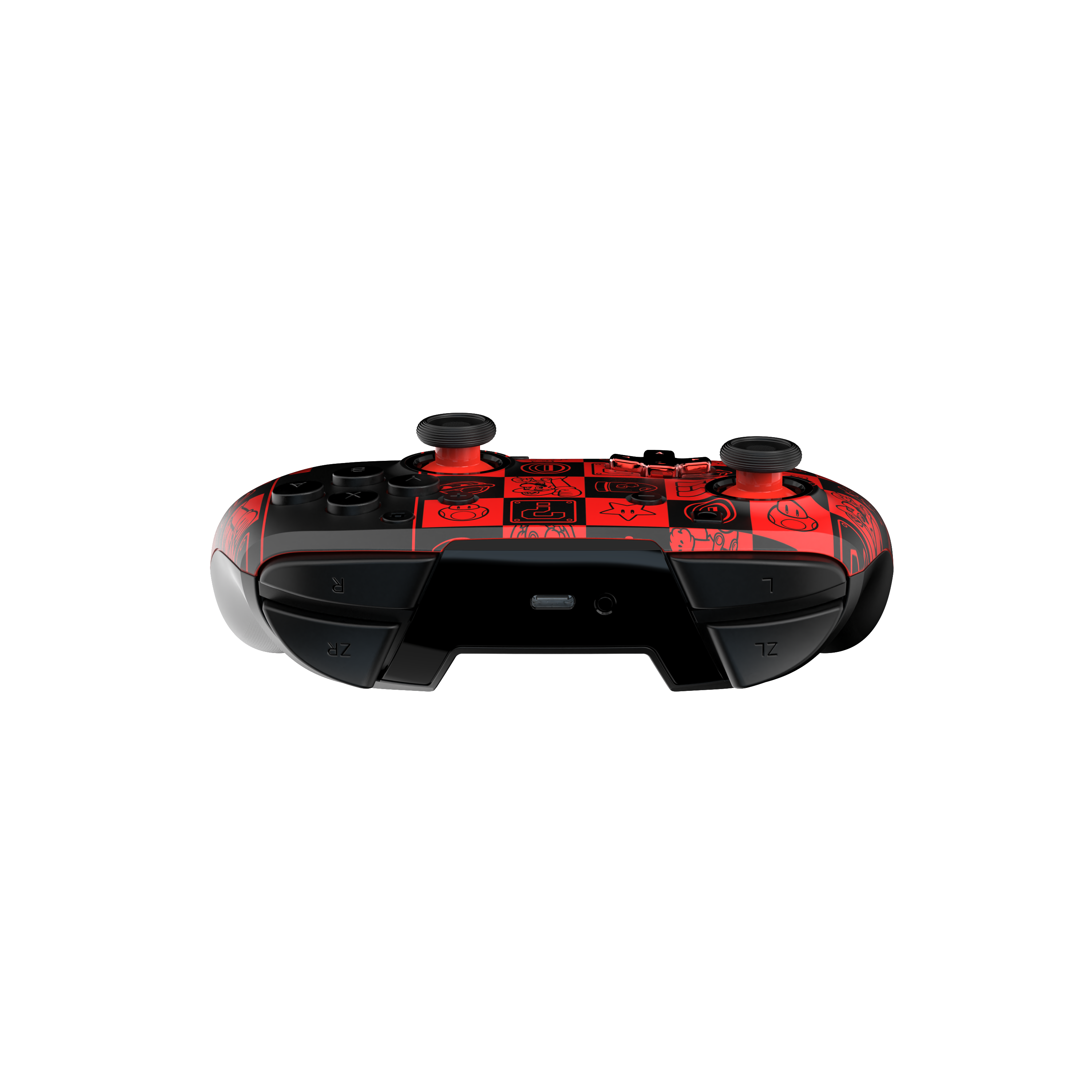 Ein roter und schwarzer Nintendo Switch Controller mit Spielcharakteren.